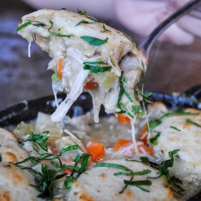 Chicken pot pie with cheese pull