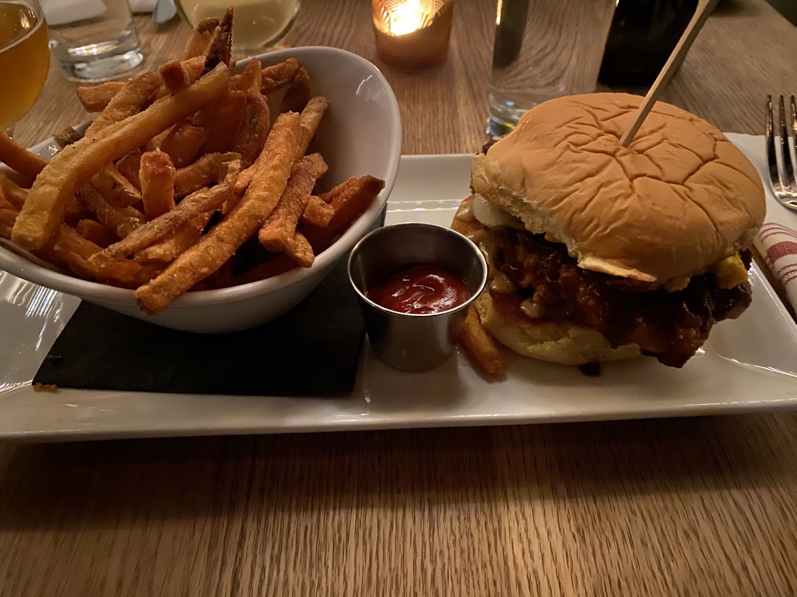 Burger and sweet potato fries